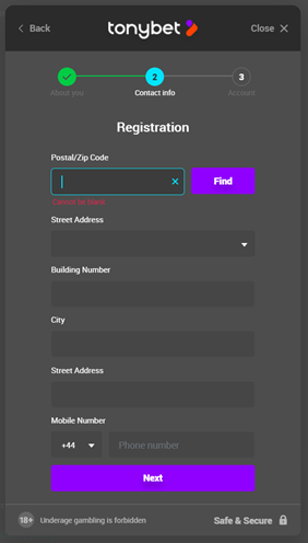 TonyBet Registration 