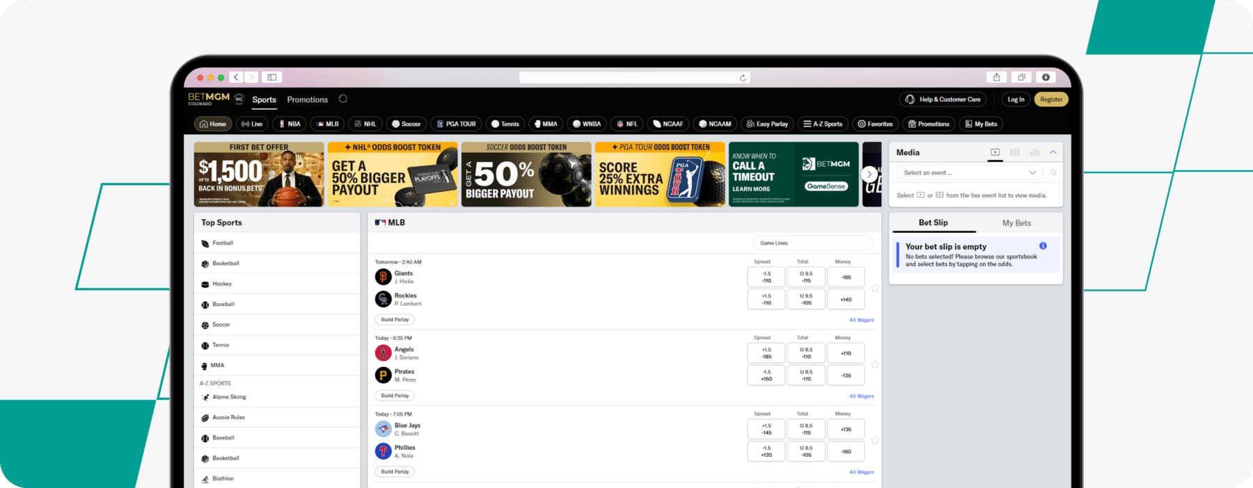 Screenshot of BetMGM Sportsbook Homepage desktop