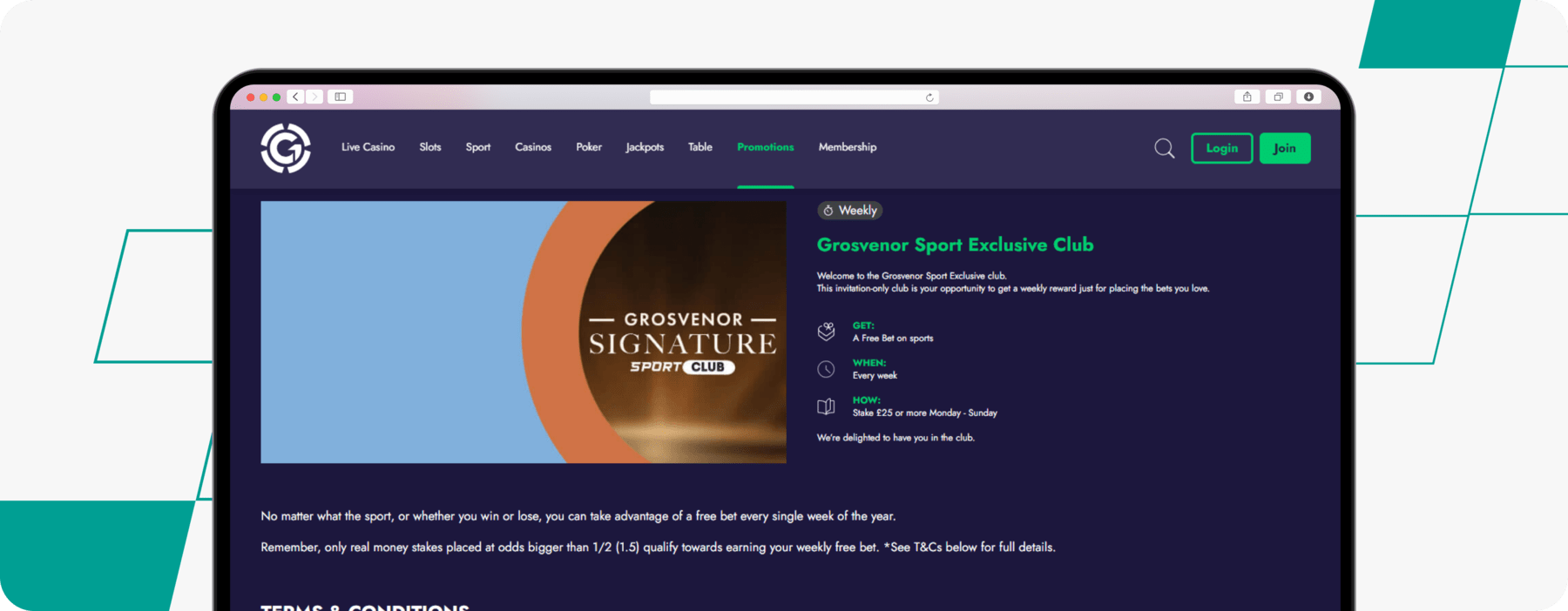 screenshot of grosvenor sport exclusive club info page